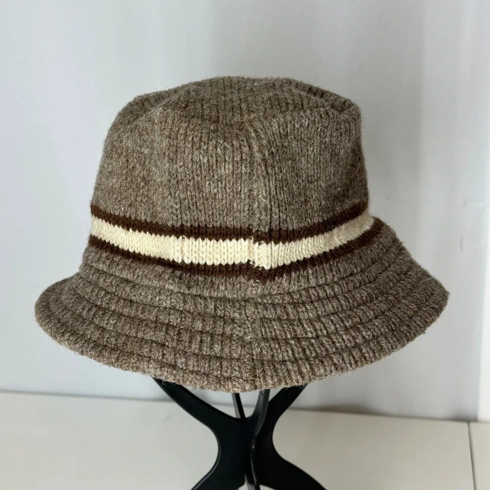 Vintage Wigwam Wool Knit Bucket Hat Brown Cream Stripe Made USA